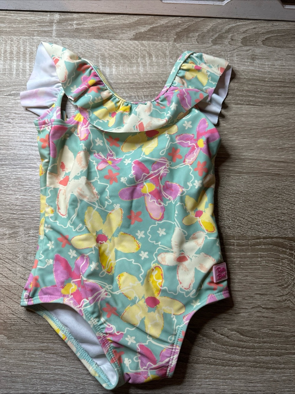 Girls Seafoam Floral Ruffle Butt Swimsuit Size 2T
